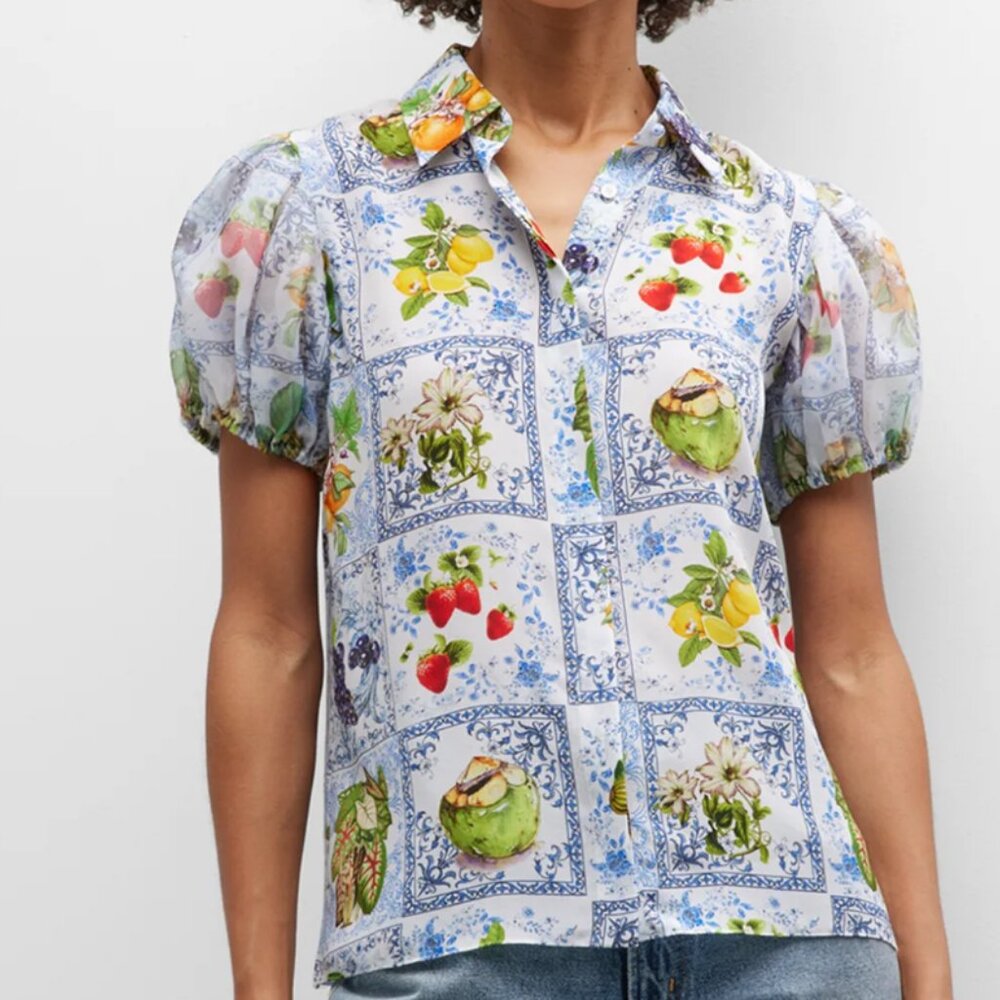 Alice + Olivia Willa Silk Puff Sleeve Top in Fruit Market XS NWT
